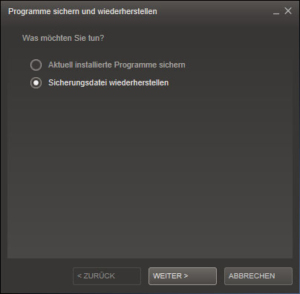 Steam Backup Spiel wiederherstellen Dialog