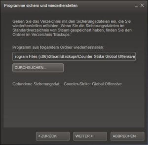 Steam Backup Wiederherstellung Verzeichnis Dialog