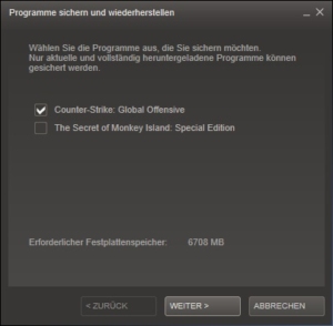 Steam Backup Spielauswahl Dialog