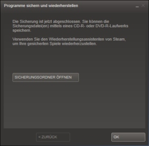 Steam Backup abgeschlossen Fenster
