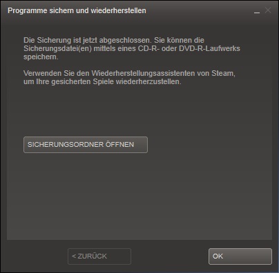 Steam Backup abgeschlossen Fenster