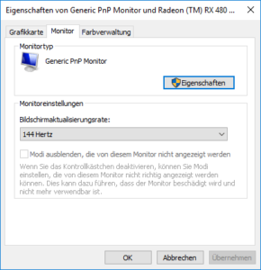 144 Hz einstellen Windows 10 Bildschirmaktualisierungsrate