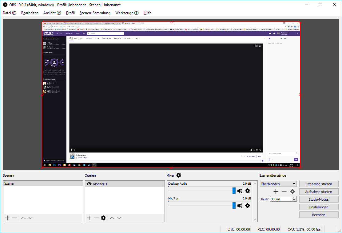 Streaming mit OBS Startbildschirm